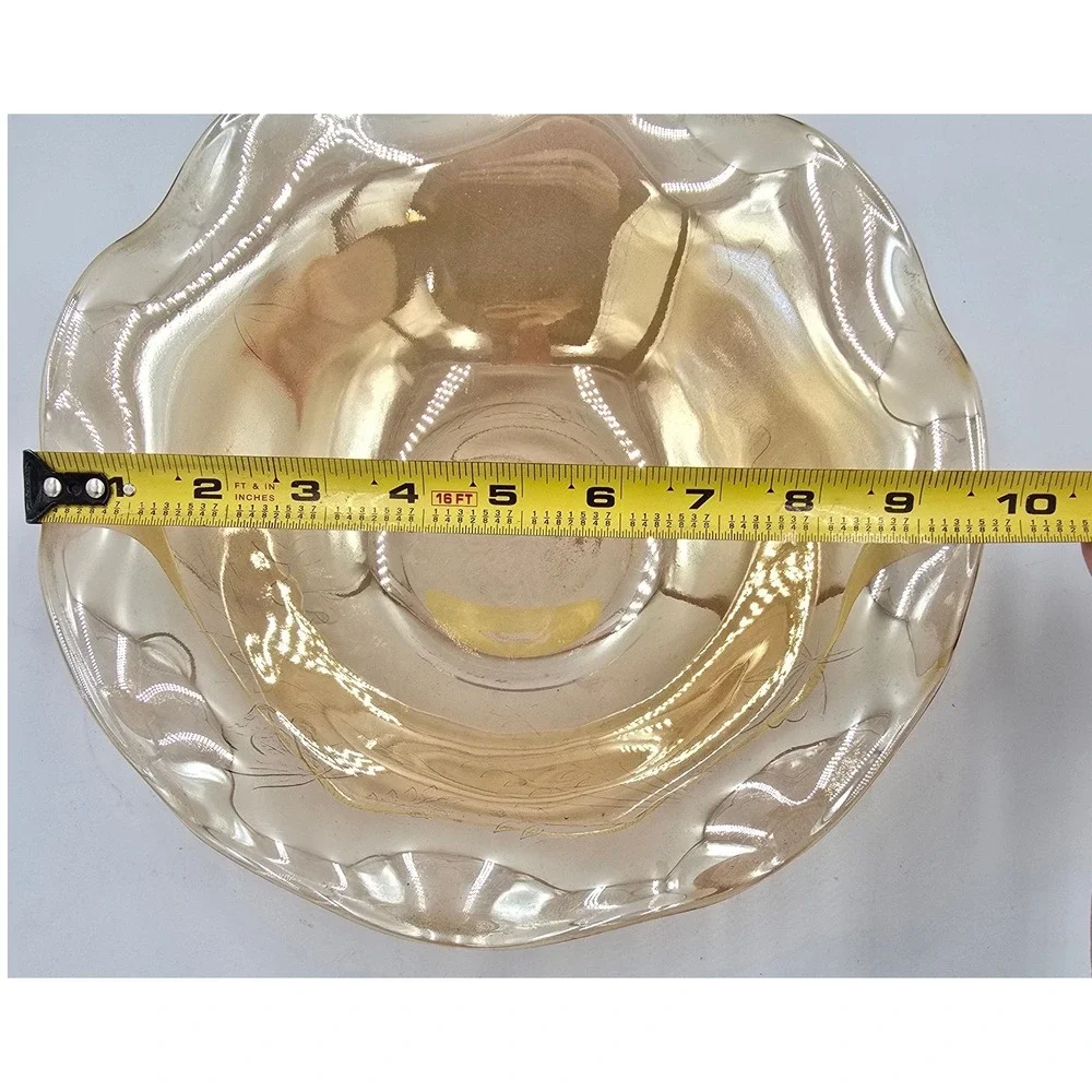 Ruffled Edge Louisa Amber Iridescent Floragold Embossed Depression Glass Dish 9